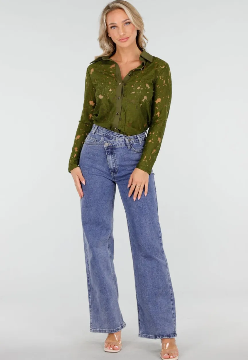 Groene Kanten Blouse met Lange Mouwen en Knoopsluiting