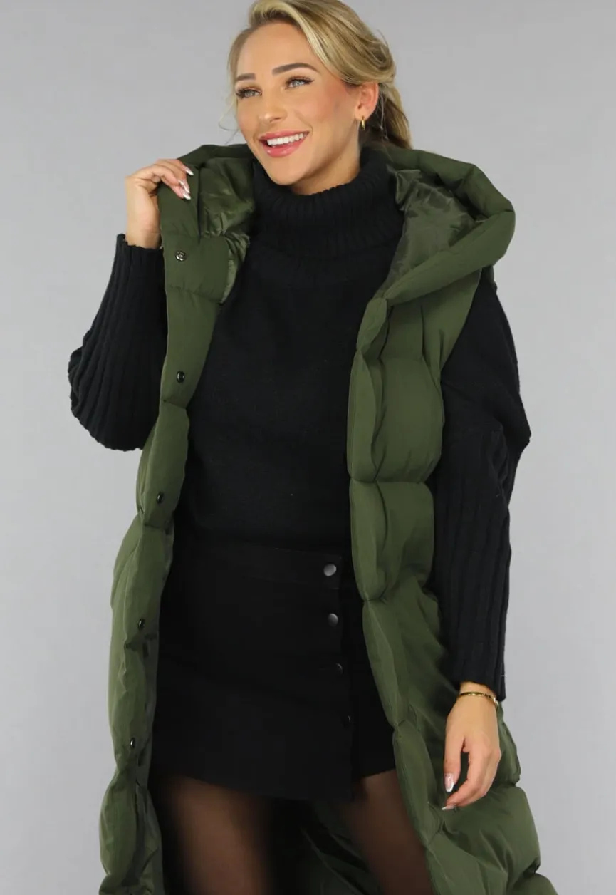 Groene Lange Gewatteerde Bodywarmer met Tailleband