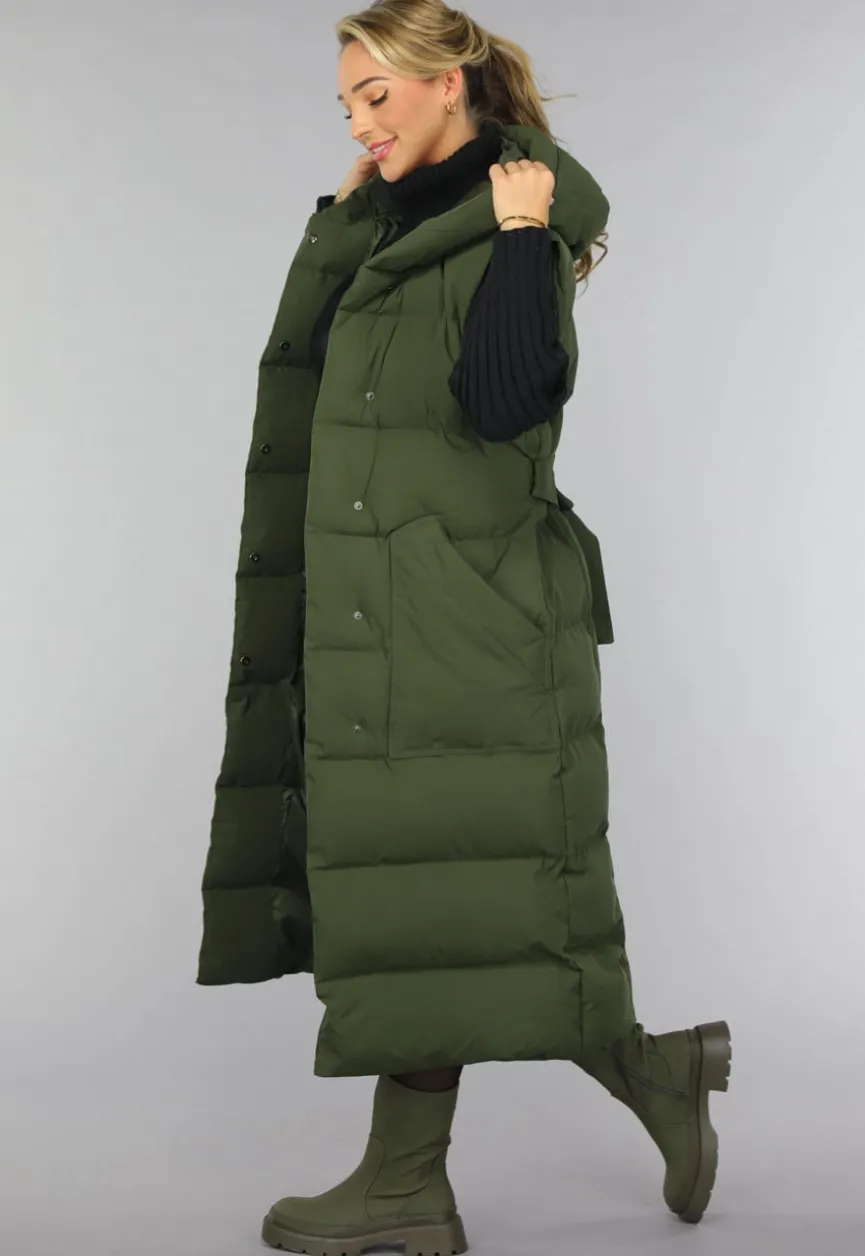 Groene Lange Gewatteerde Bodywarmer met Tailleband