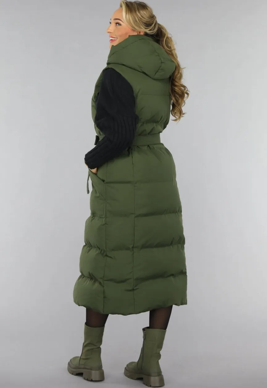 Groene Lange Gewatteerde Bodywarmer met Tailleband