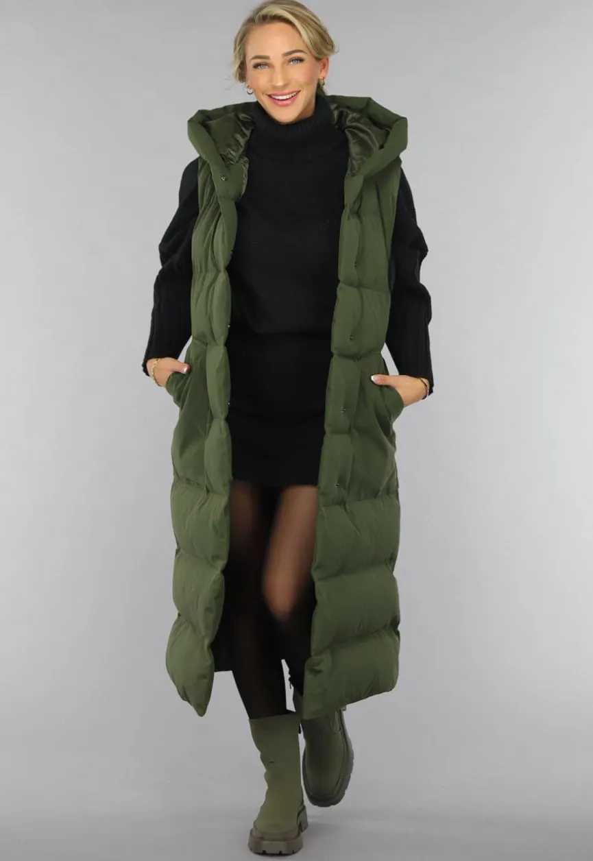 Groene Lange Gewatteerde Bodywarmer met Tailleband