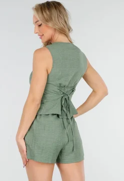 Groene Linnenlook 2-Piece Set met Asymmetrisch Gilet