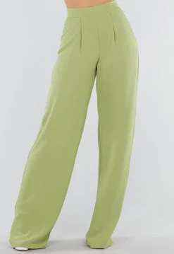 Groene Linnenlook Wide Leg Pantalon met Hoge Taille en Plooien
