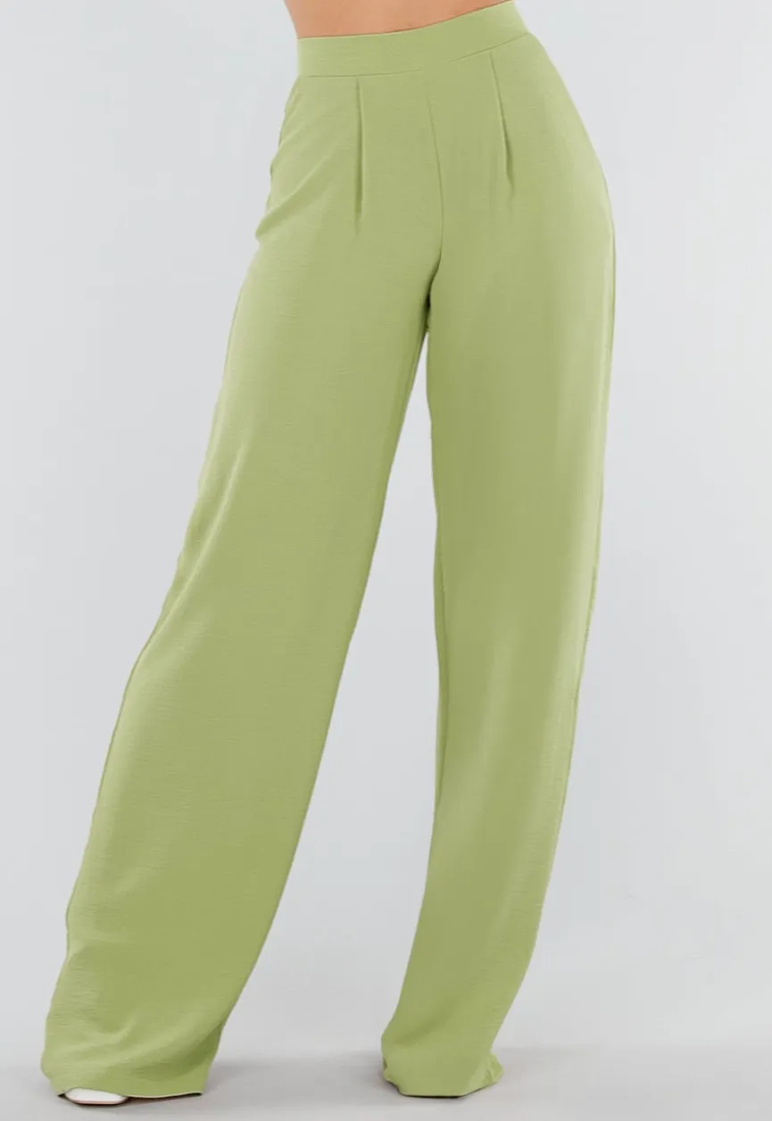 Groene Linnenlook Wide Leg Pantalon met Hoge Taille en Plooien