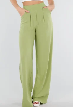 Groene Linnenlook Wide Leg Pantalon met Hoge Taille en Plooien