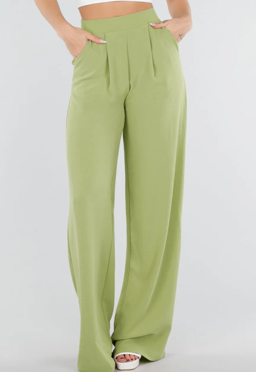 Groene Linnenlook Wide Leg Pantalon met Hoge Taille en Plooien