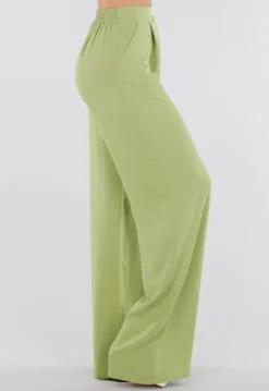 Groene Linnenlook Wide Leg Pantalon met Hoge Taille en Plooien