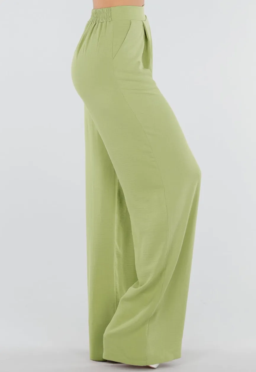 Groene Linnenlook Wide Leg Pantalon met Hoge Taille en Plooien