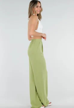 Groene Linnenlook Wide Leg Pantalon met Hoge Taille en Plooien