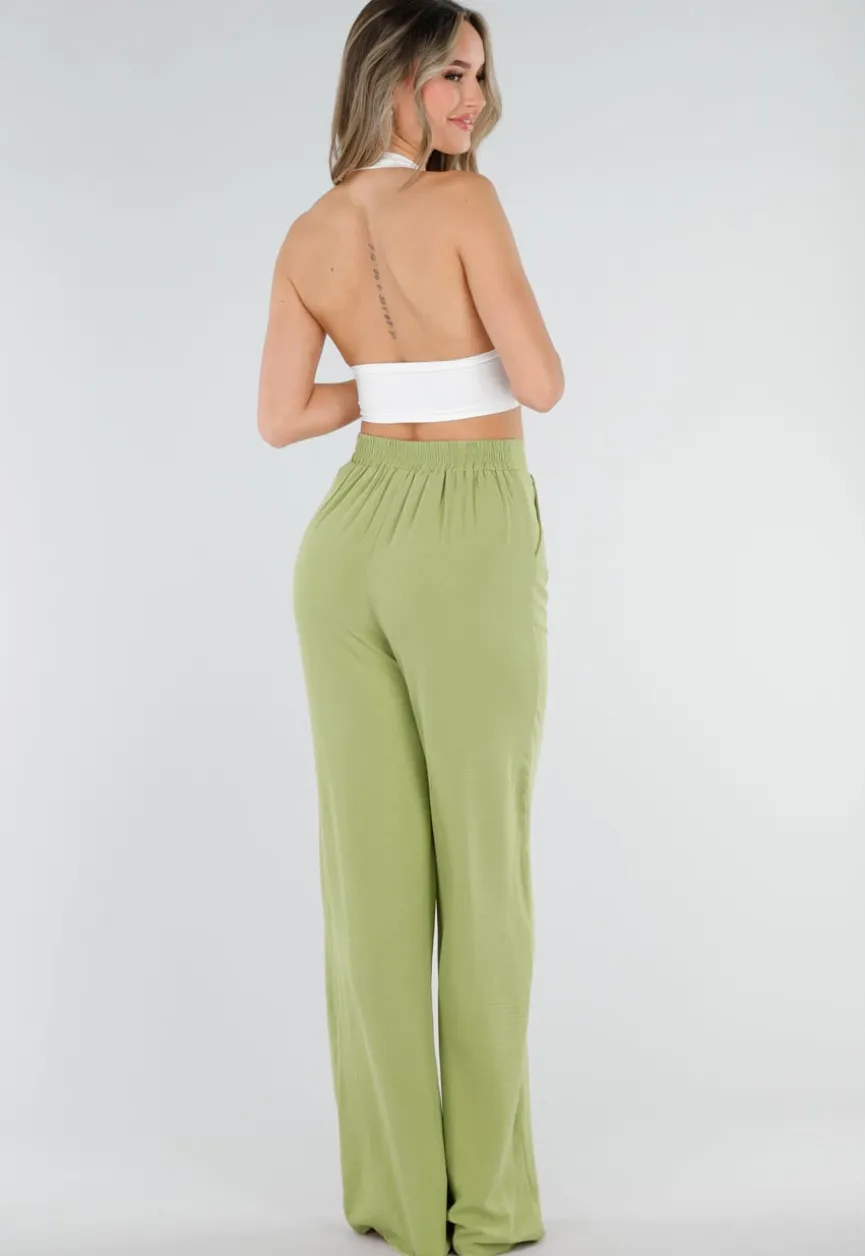 Groene Linnenlook Wide Leg Pantalon met Hoge Taille en Plooien