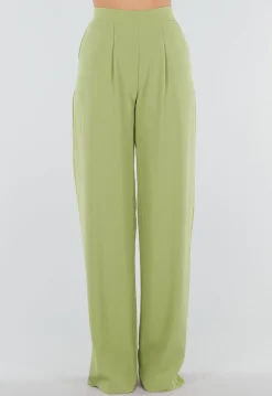 Groene Linnenlook Wide Leg Pantalon met Hoge Taille en Plooien