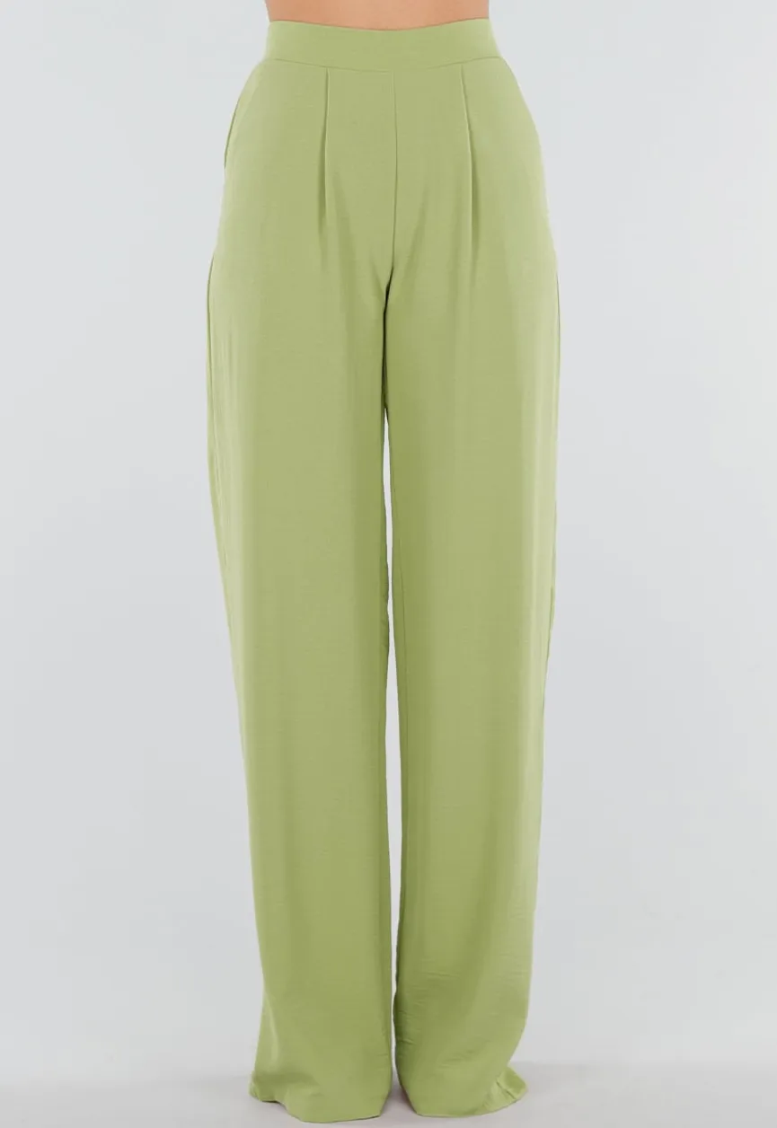 Groene Linnenlook Wide Leg Pantalon met Hoge Taille en Plooien