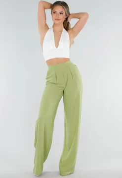 Groene Linnenlook Wide Leg Pantalon met Hoge Taille en Plooien