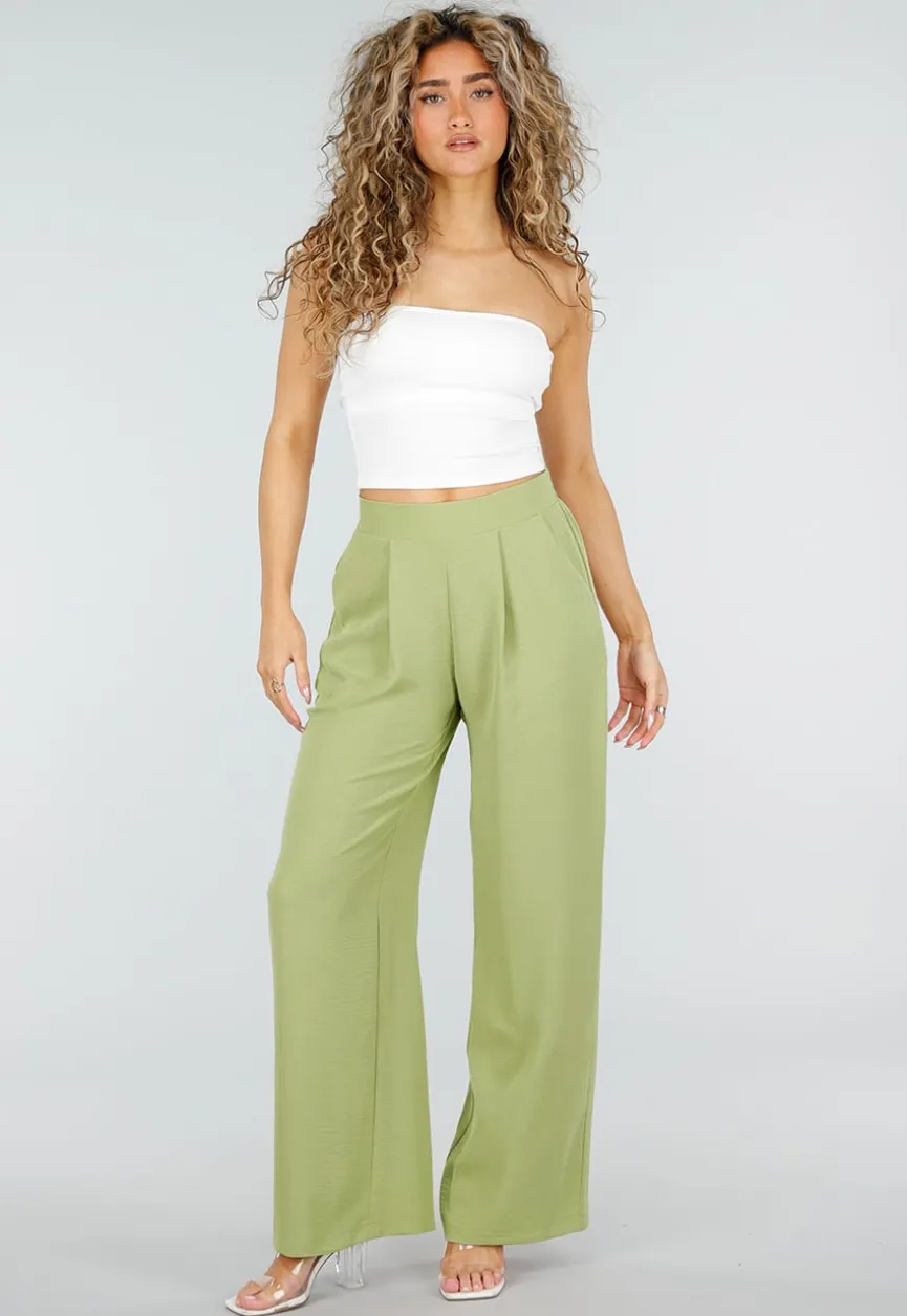 Groene Linnenlook Wide Leg Stretch Pantalon met Hoge Taille en Plooien