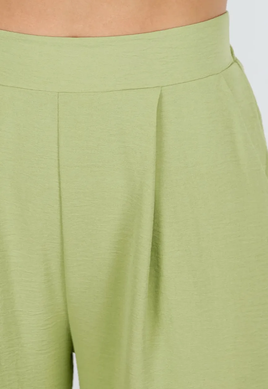 Groene Linnenlook Wide Leg Stretch Pantalon met Hoge Taille en Plooien