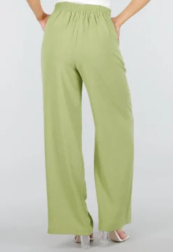 Groene Linnenlook Wide Leg Stretch Pantalon met Hoge Taille en Plooien