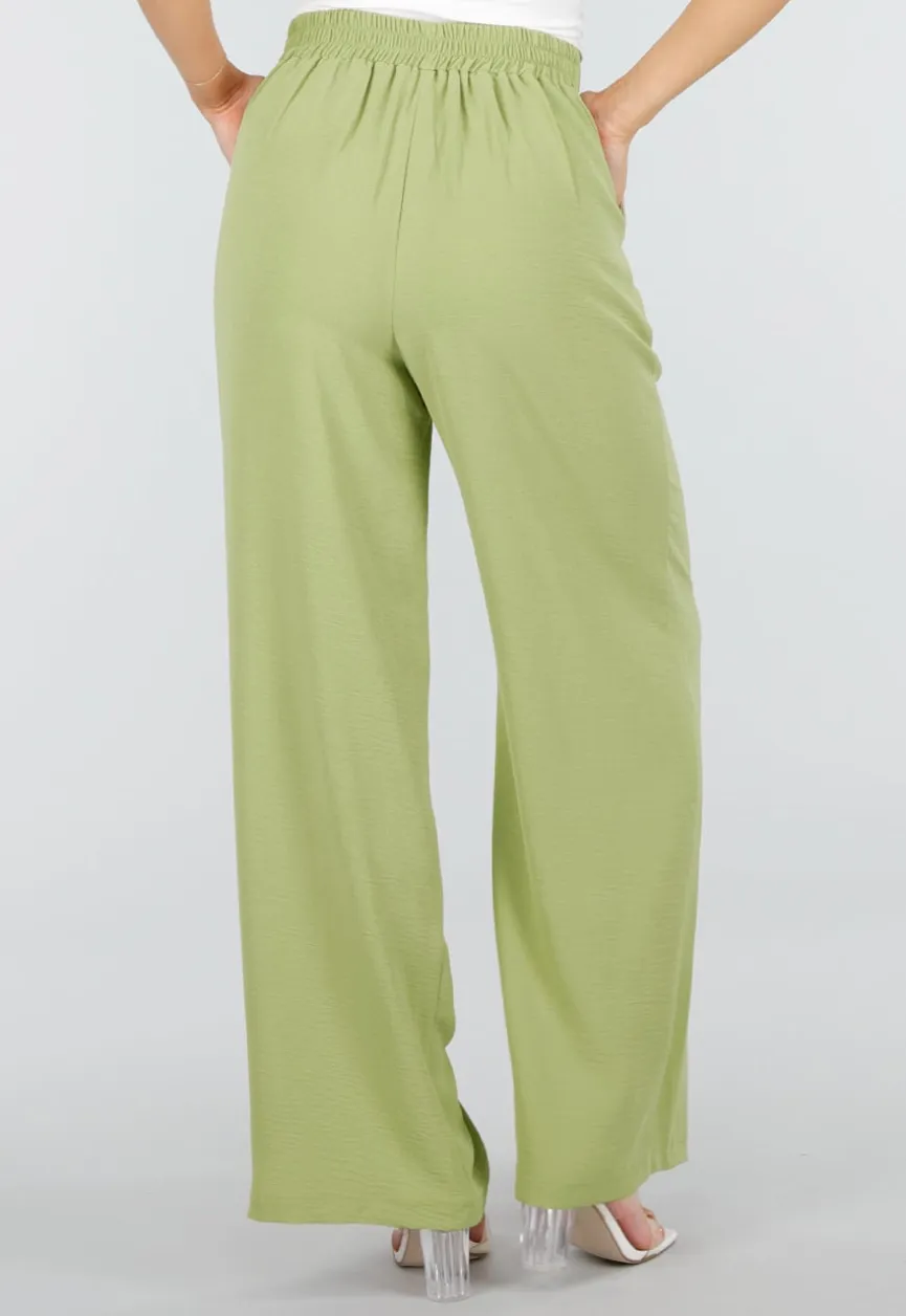 Groene Linnenlook Wide Leg Stretch Pantalon met Hoge Taille en Plooien