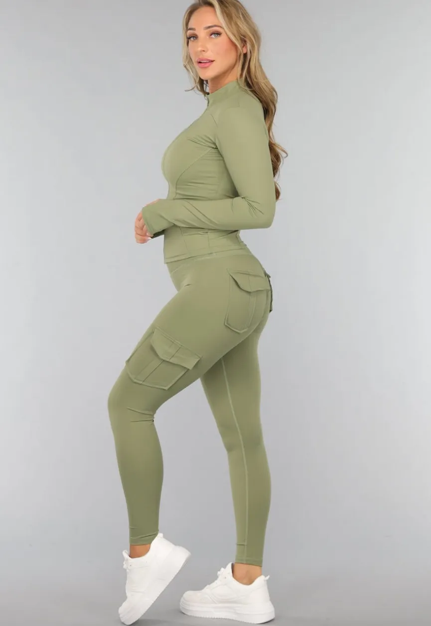Groene Longsleeve Fitness Set met Zakken
