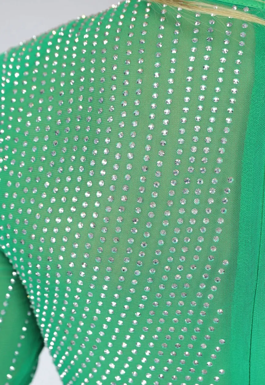 Groene Longsleeve Glitter Jurk met Strass Steentjes en Uitsnede