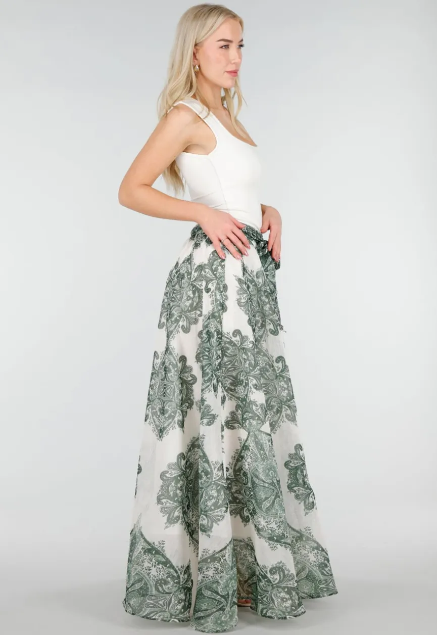 Groene Maxi Rok met Paisley Print en Strikceintuur