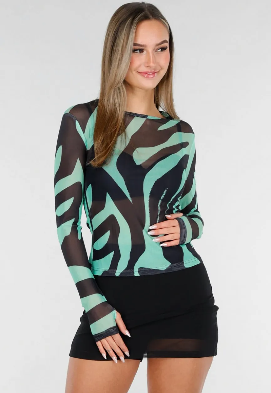 Groene Mesh Top met Zebraprint en Lange Mouwen
