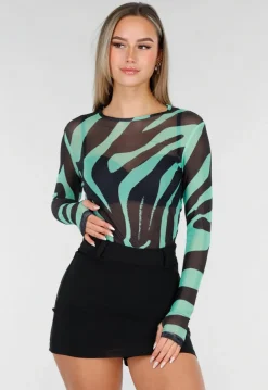 Groene Mesh Top met Zebraprint en Lange Mouwen