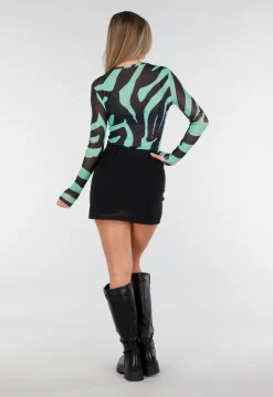 Groene Mesh Top met Zebraprint en Lange Mouwen
