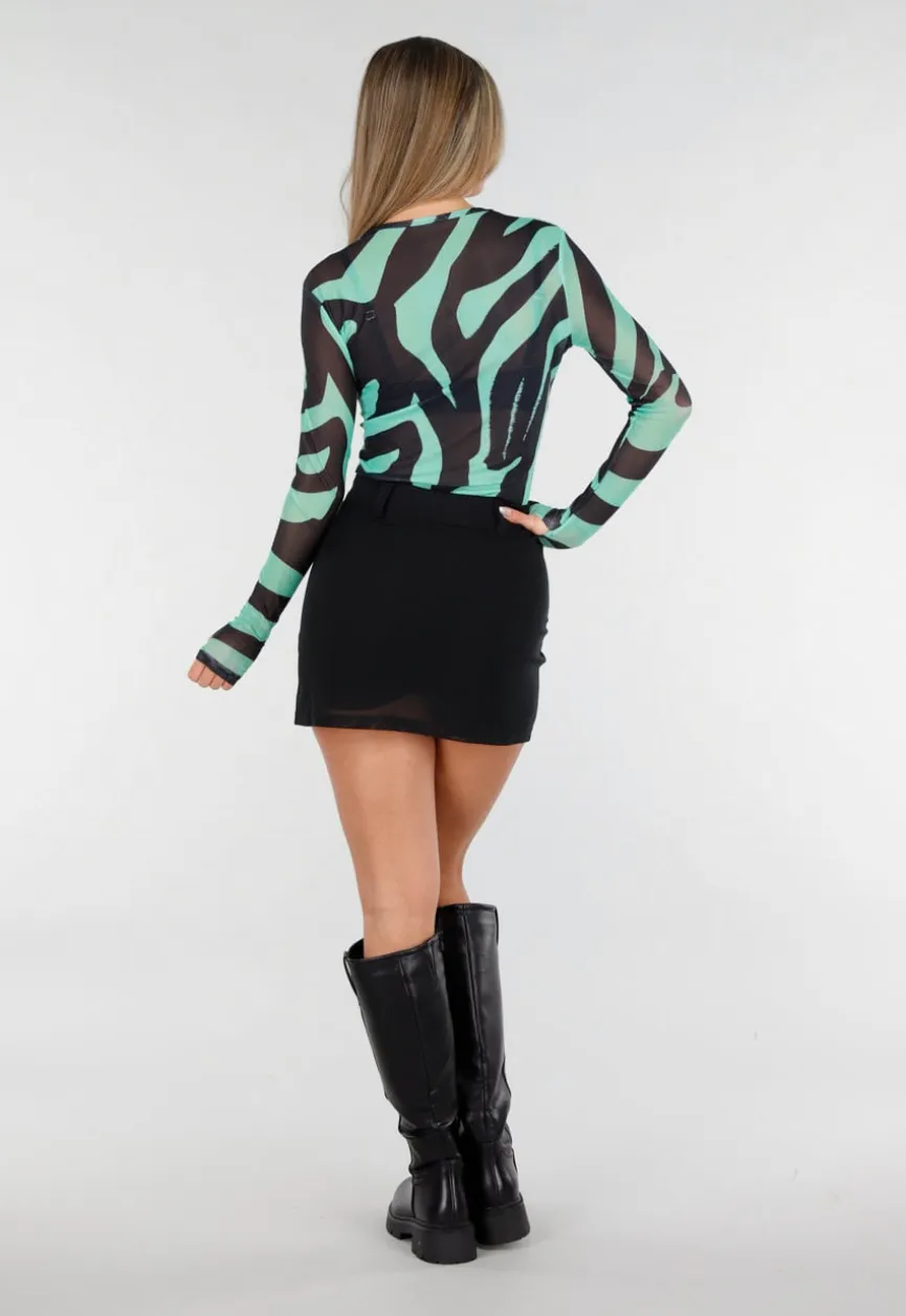 Groene Mesh Top met Zebraprint en Lange Mouwen