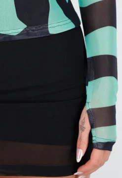 Groene Mesh Top met Zebraprint en Lange Mouwen