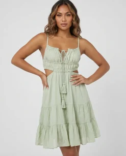 Groene Mousseline Midi Jurk met Open Rug en Volants