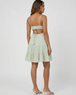 Groene Mousseline Midi Jurk met Open Rug en Volants