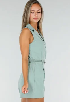 Groene Mouwloze Playsuit met Revers, Riem, Blinde Rits en Stretch