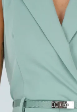 Groene Mouwloze Playsuit met Revers, Riem, Blinde Rits en Stretch