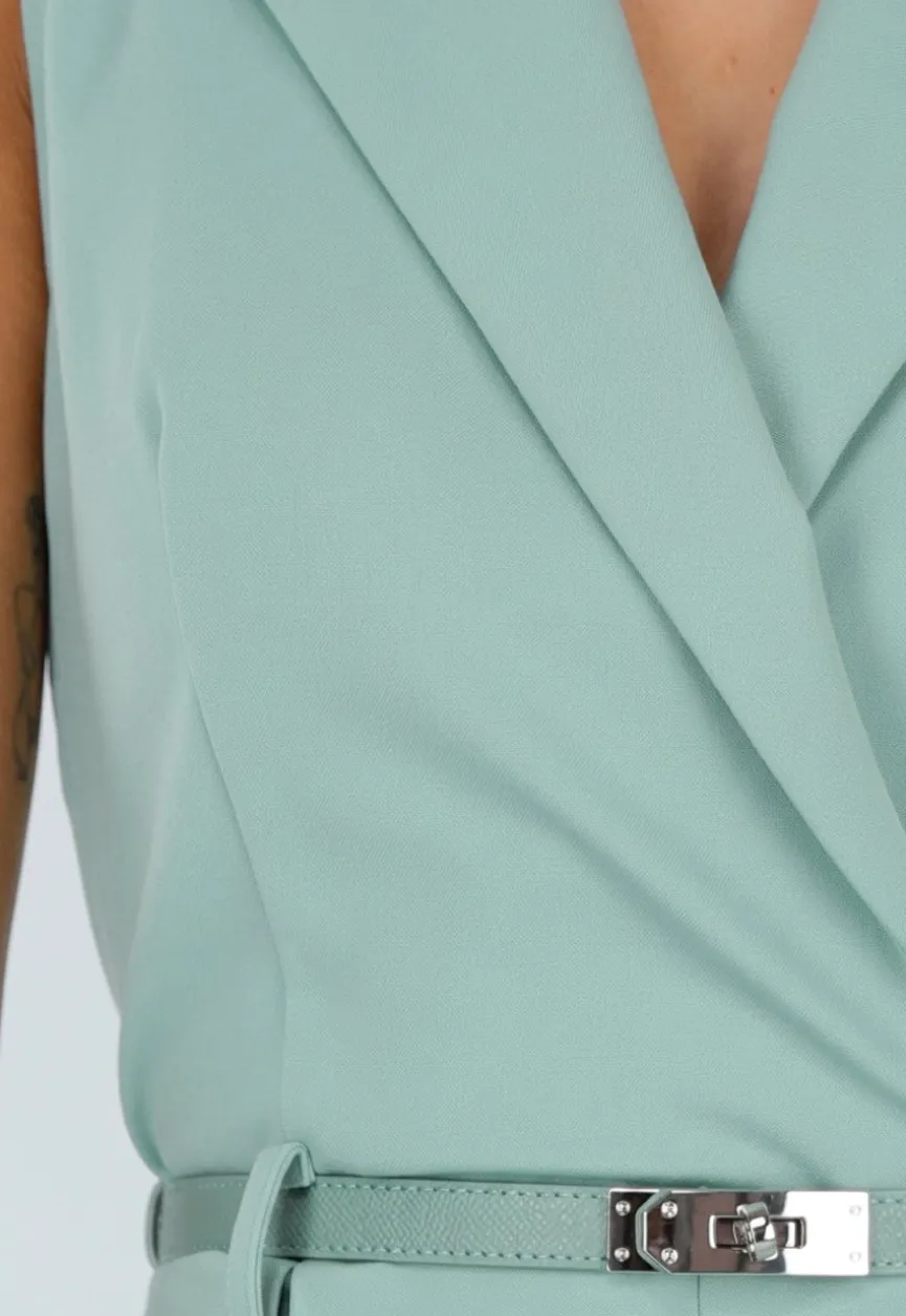 Groene Mouwloze Playsuit met Revers, Riem, Blinde Rits en Stretch
