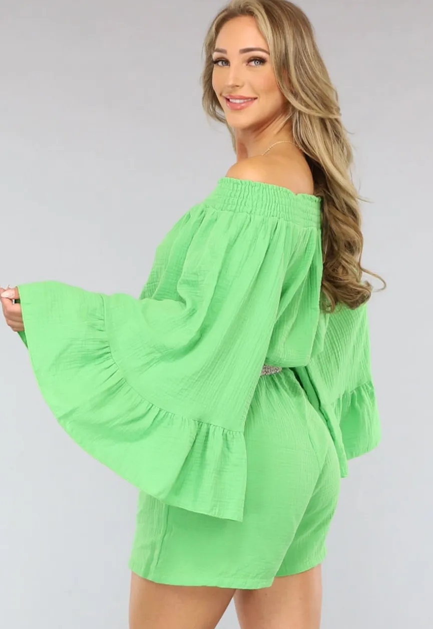 Groene Off Shoulder Mousseline Playsuit