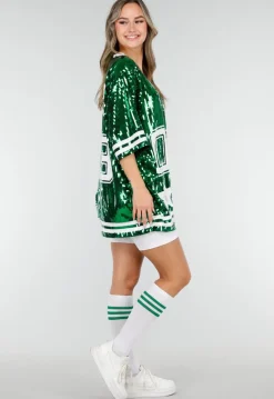 Groene Oversized Pailletten Jersey Top met V Hals