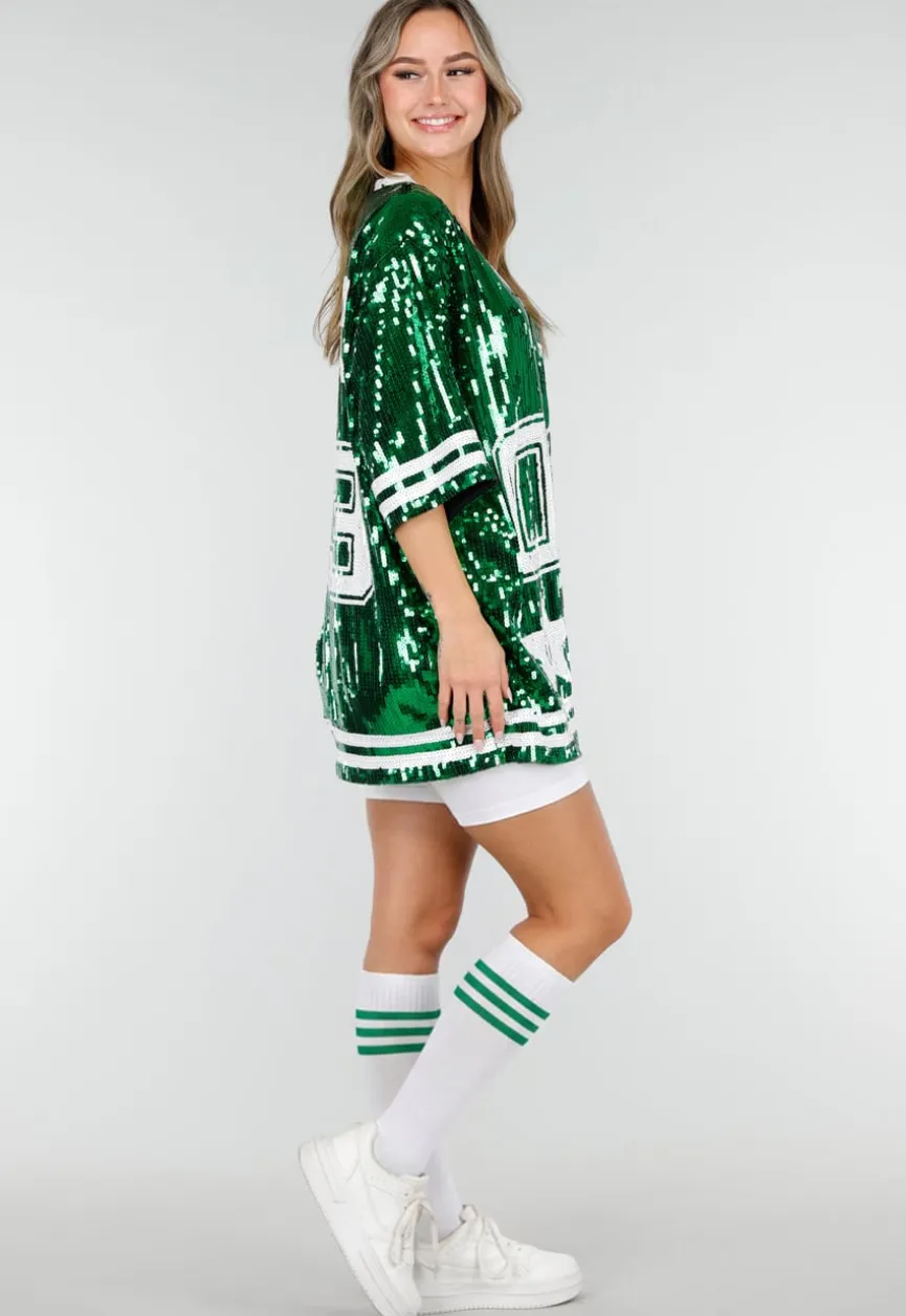 Groene Oversized Pailletten Jersey Top met V Hals