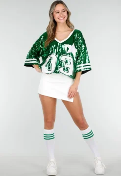 Groene Oversized Pailletten Jersey Top met V Hals