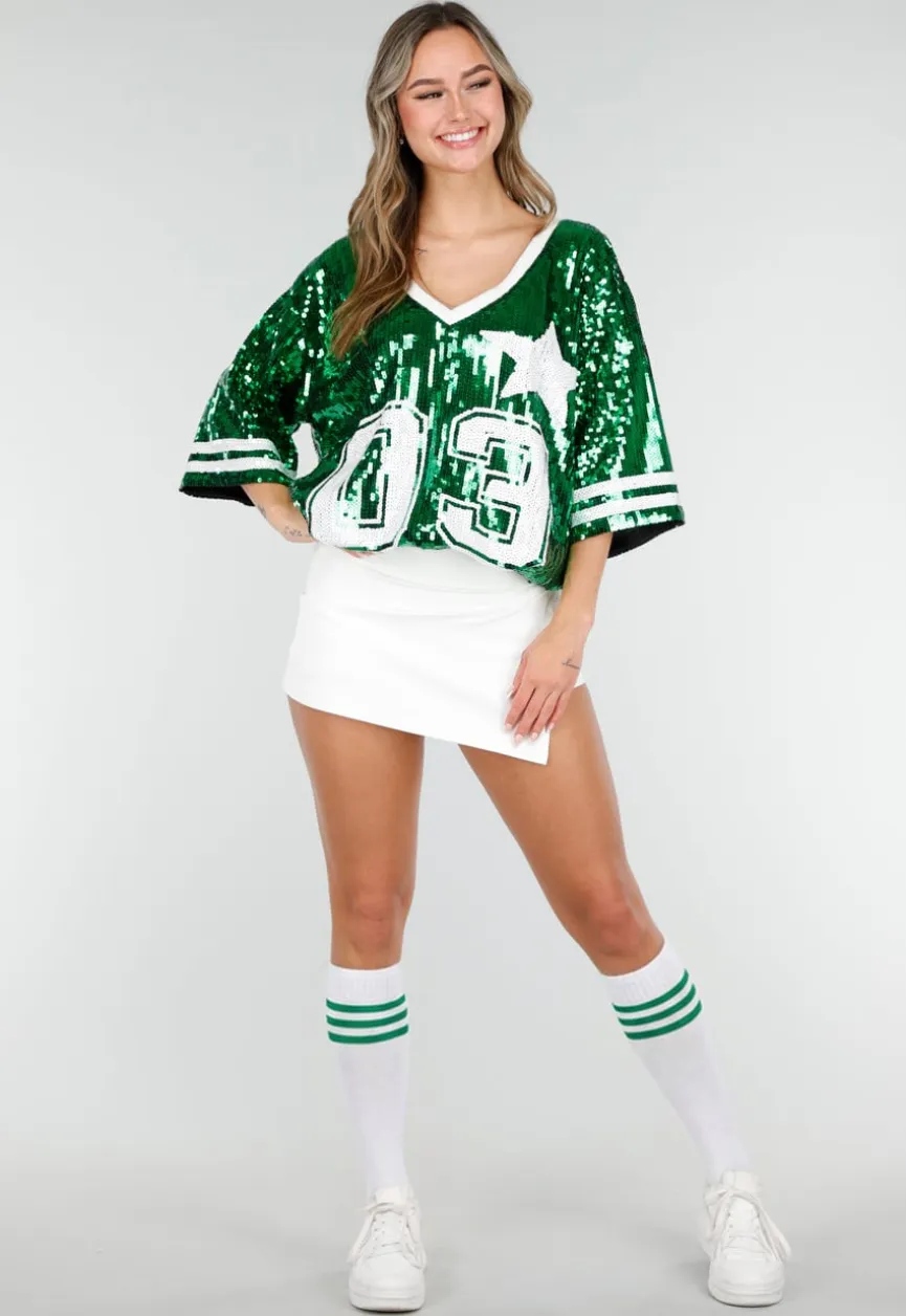 Groene Oversized Pailletten Jersey Top met V Hals