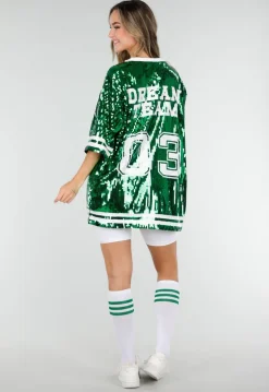 Groene Oversized Pailletten Jersey Top met V Hals