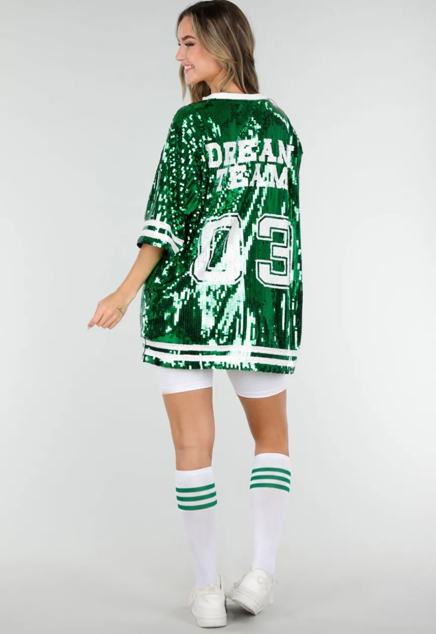 Groene Oversized Pailletten Jersey Top met V Hals