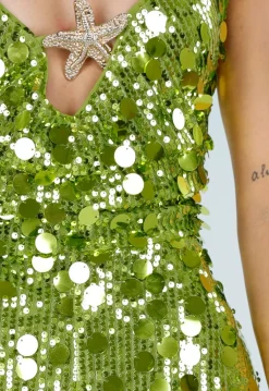 Groene Pailletten Playsuit met Open Rug en Zeester Detail