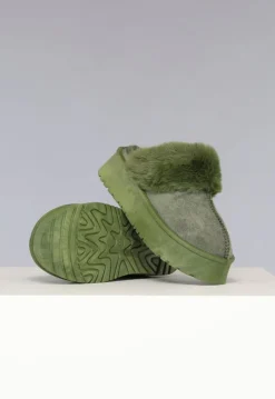 Groene Plateau Pantoffels met Imitatiebont