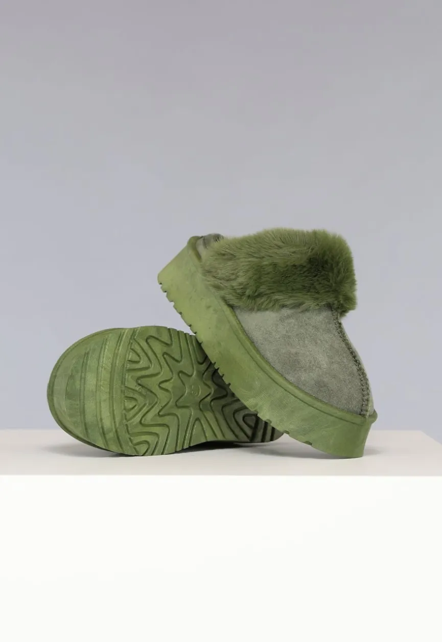Groene Plateau Pantoffels met Imitatiebont