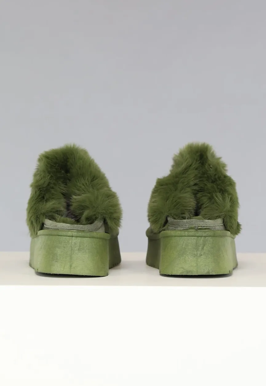 Groene Plateau Pantoffels met Imitatiebont