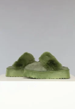 Groene Plateau Pantoffels met Imitatiebont