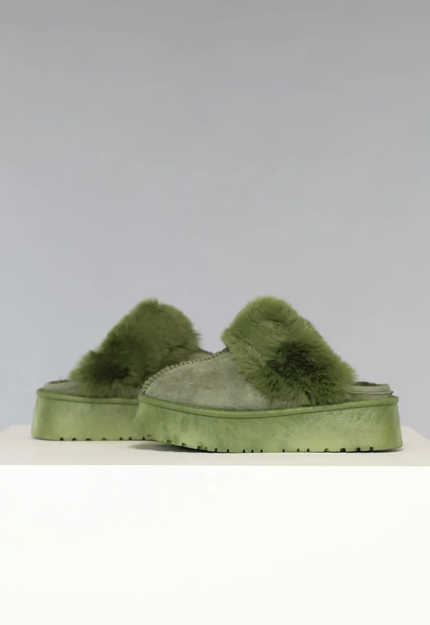 Groene Plateau Pantoffels met Imitatiebont