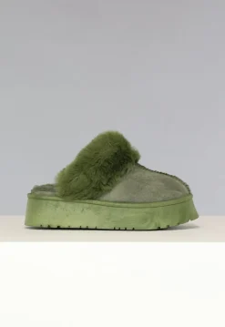 Groene Plateau Pantoffels met Imitatiebont