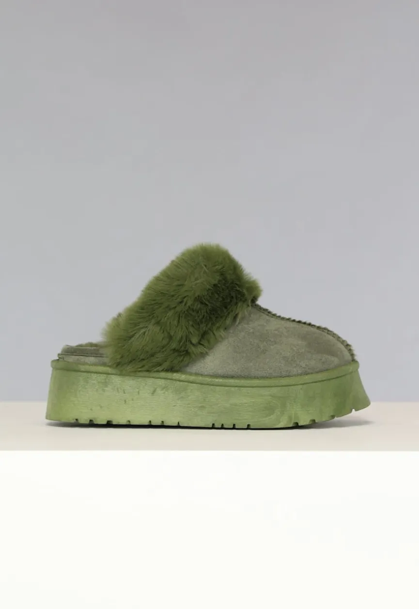 Groene Plateau Pantoffels met Imitatiebont