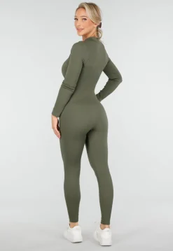 Groene Rib Jumpsuit Met Lange Mouwen en Ritssluiting